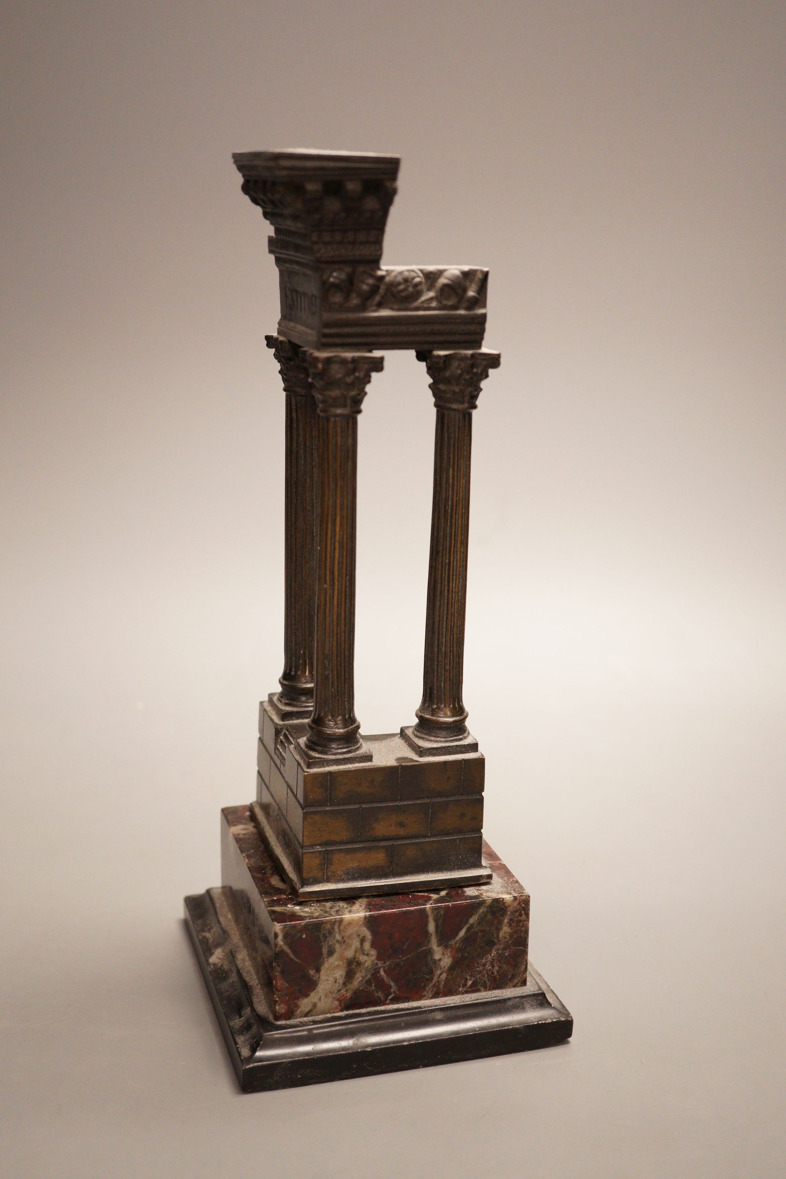 A late 19th century Grand Tour style bronze, temple ruins ‘Estitver’ on marble base, total height 26cm